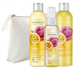Set 3 produse Naturals cu bujor si fructul pasiunii si Geanta pentru cosmetice