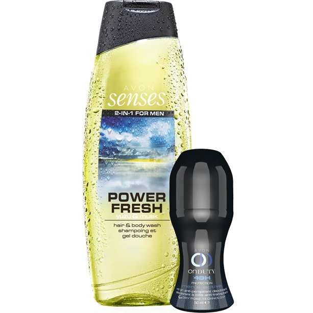 Catalog Avon - Set Gel de dus Senses Power Fresh si Deodorant cu bila On Duty 48h Men Active Set Gel de dus Senses Power Fresh si Deodorant cu bila On Duty 48h Men Active - Catalog Avon