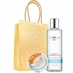 Set Crema duo Clinical pentru lifting in zona ochilor, Apa de curatare anti-aging 3 in 1 Anew Clean si Punga cadou Avon - auriu