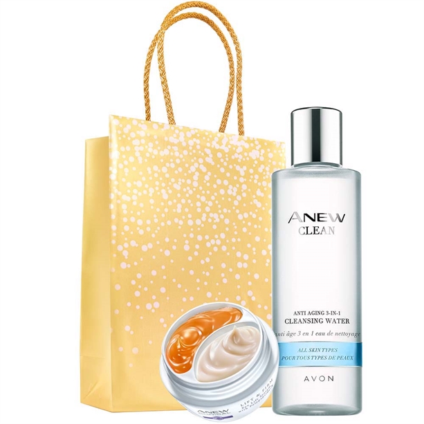 Catalog Avon - Set Crema duo Clinical pentru lifting in zona ochilor, Apa de curatare anti-aging 3 in 1 Anew Clean si Punga cadou Avon - auriu Set Crema duo Clinical pentru lifting in zona ochilor, Apa de curatare anti-aging 3 in 1 Anew Clean si Punga cadou Avon - auriu - Catalog Avon