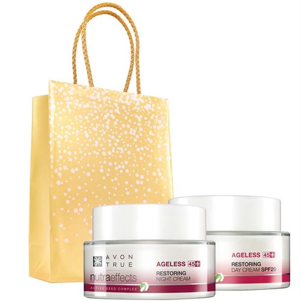 Set Crema de zi si noapte Avon True Nutra Effects Ageless 45+ si Punga cadou Avon - auriu - Catalog Avon