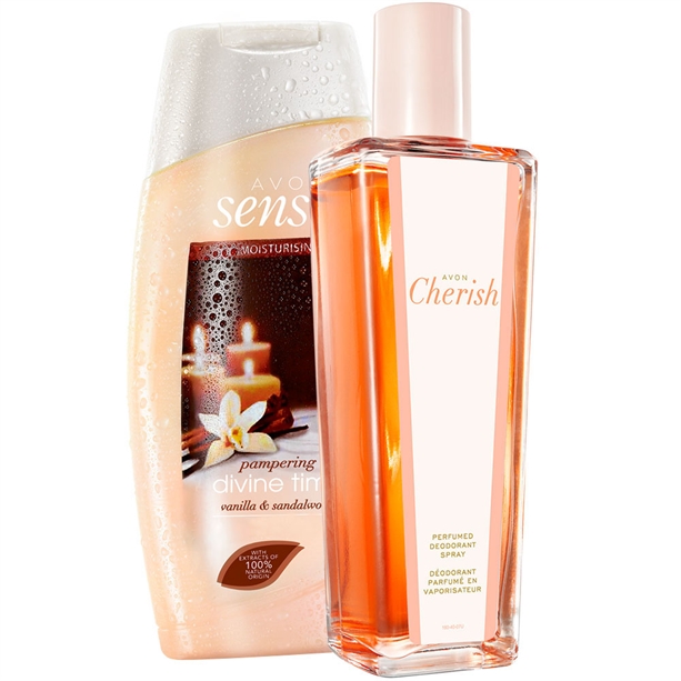 Catalog Avon - Set Spray parfumat Avon Cherish si Crema pentru dus Senses Divine Time 250 ml Set Spray parfumat Avon Cherish si Crema pentru dus Senses Divine Time 250 ml - Catalog Avon