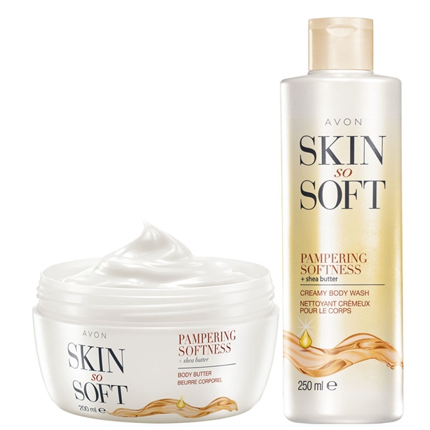Set Gel de dus si Crema de corp Skin So Soft cu unt de shea Pampering Softness - Catalog Avon
