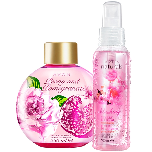 Catalog Avon - Set Spray parfumat Naturals cu flori de cires si Spumant de baie cu bujor si rodie Set Spray parfumat Naturals cu flori de cires si Spumant de baie cu bujor si rodie - Catalog Avon